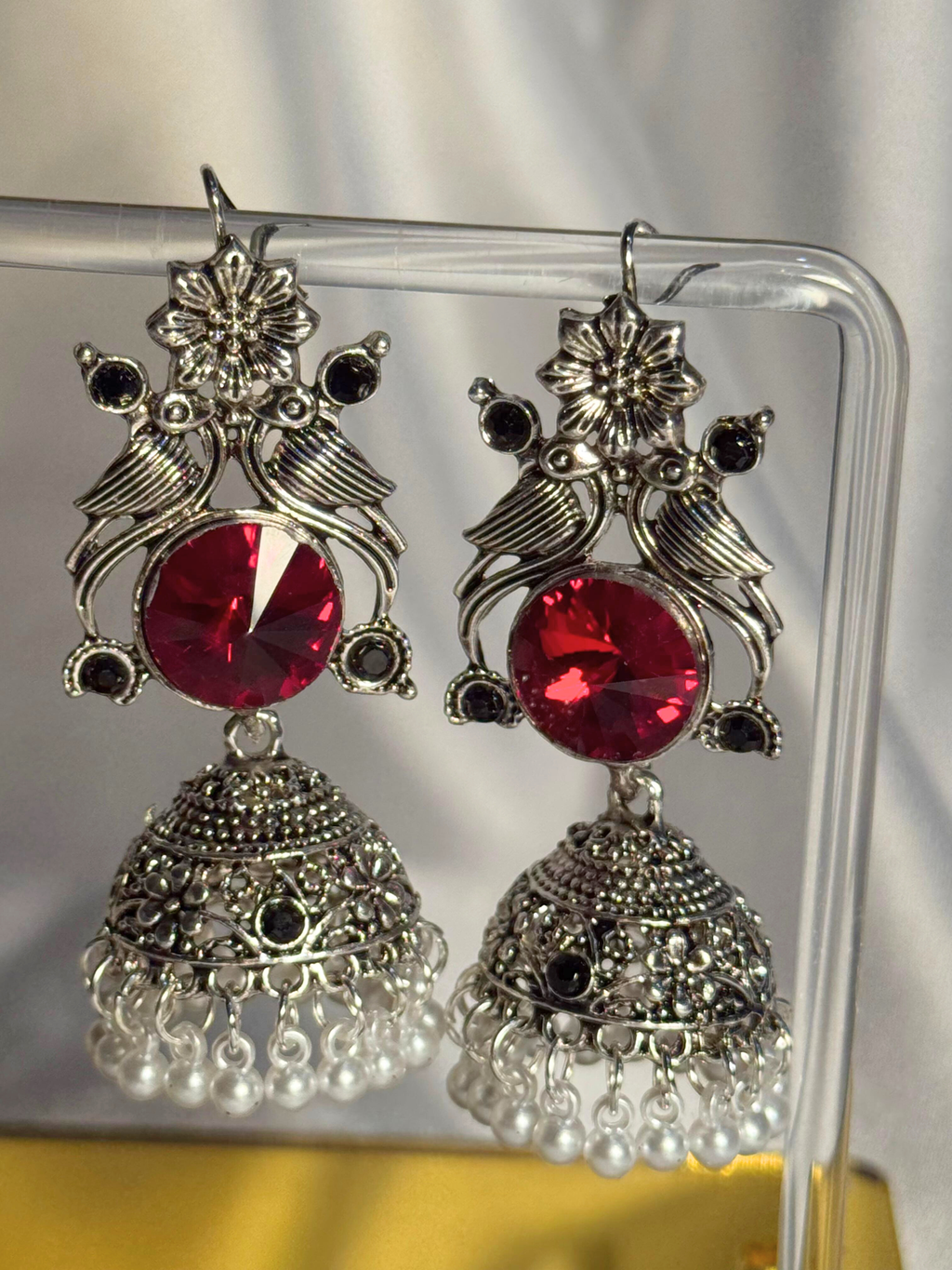 kashmiriEarrings - Silver Red