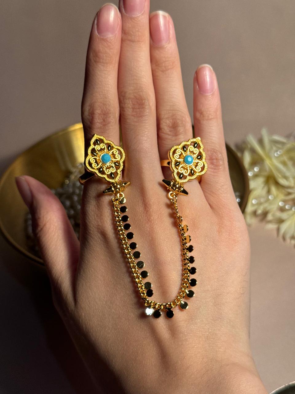 Mughal Sona Double Ring - Turquoise