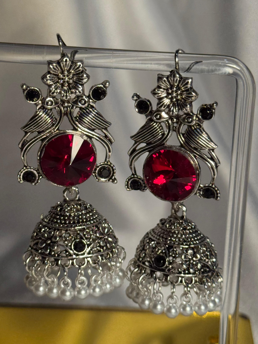 kashmiriEarrings - Silver Red