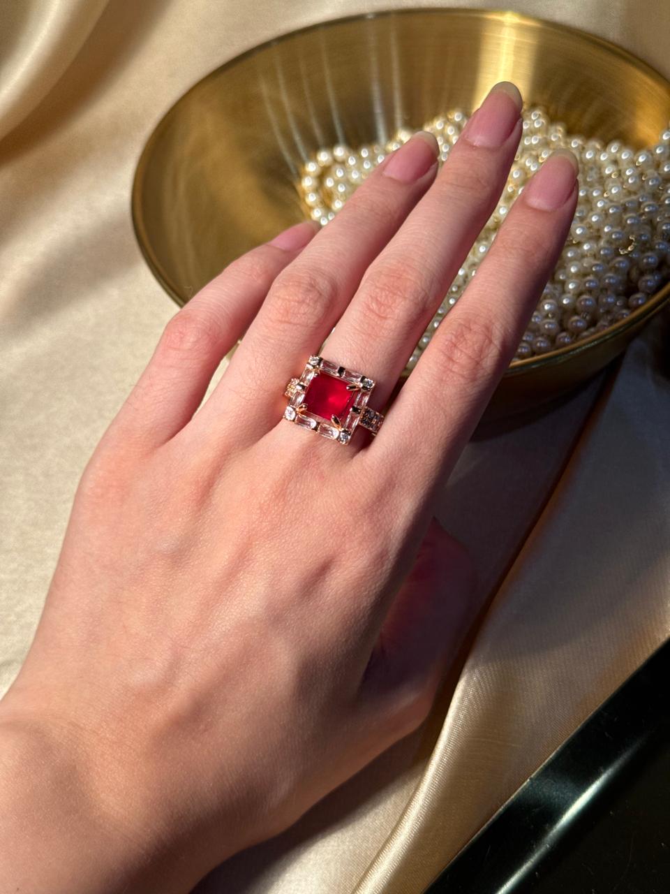 Square Bedazzled Ring Gold - Red