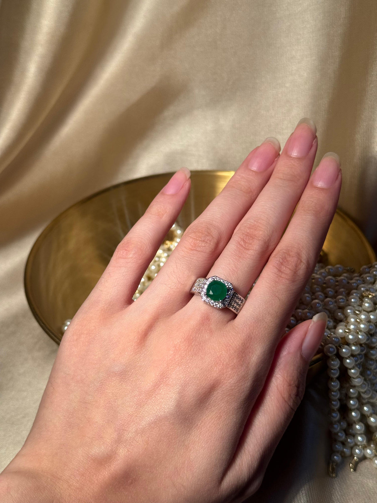 Square Gem Band Silver Ring - Green