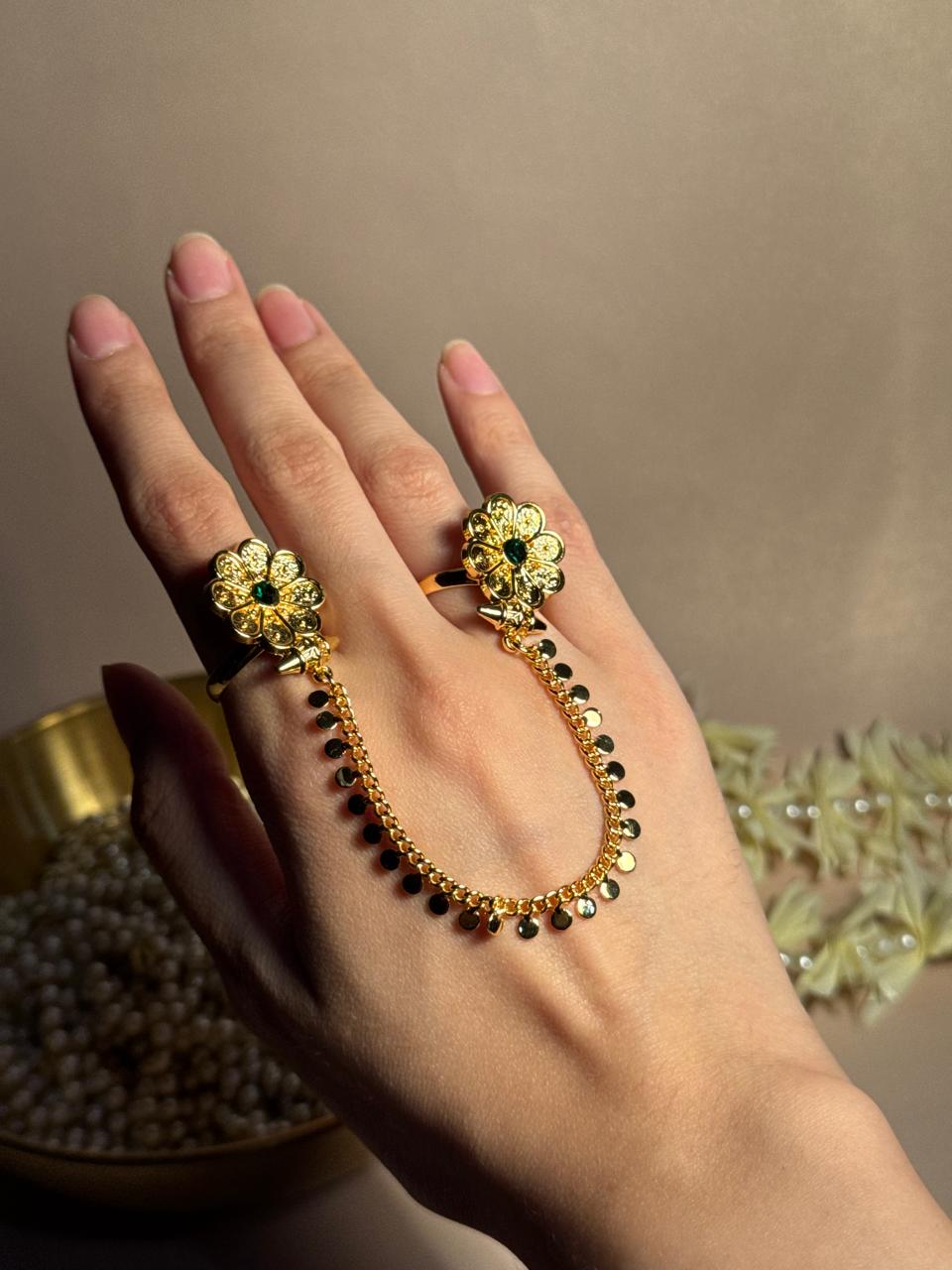 Floral Sona Double Ring - Green