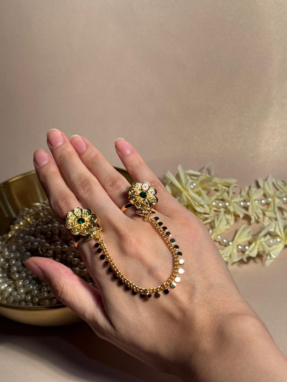 Floral Sona Double Ring - Green