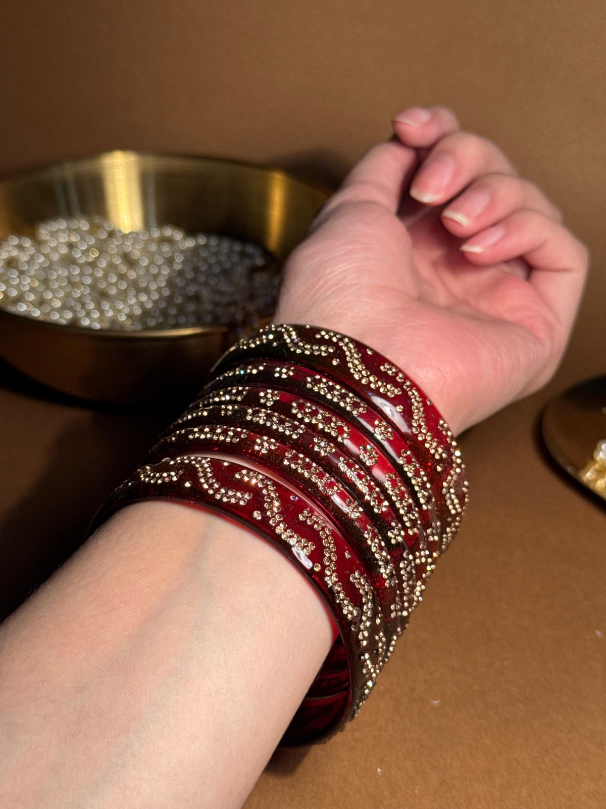 Beaded glass bangles with karra - Deep Red (Maroon)