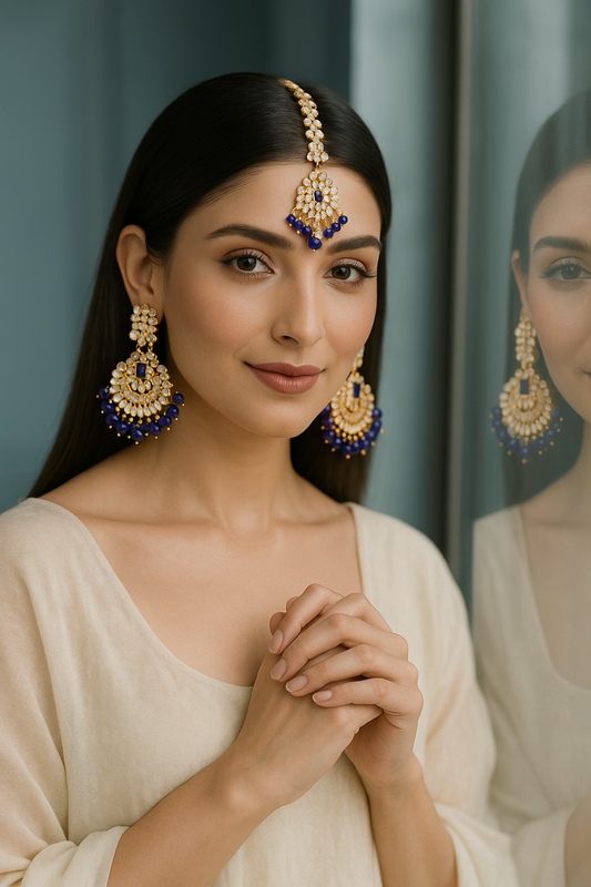 CD-20-2-89 Kundan Shahkar Bindi And Earrings Set - Blue