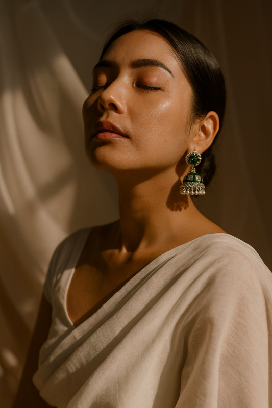 Sumaira Jhumki- green with white beads(Noor-Bano-Collection)