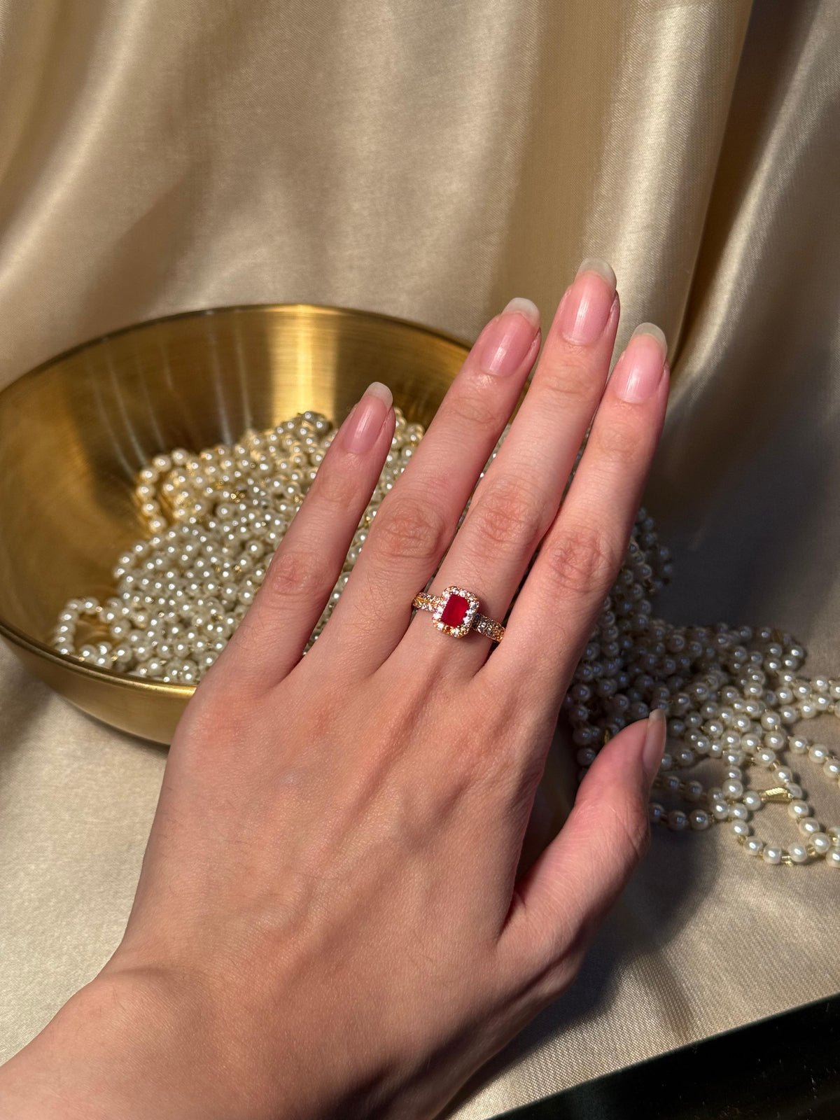 Rectangle Gem Stone Ring Gold - Red