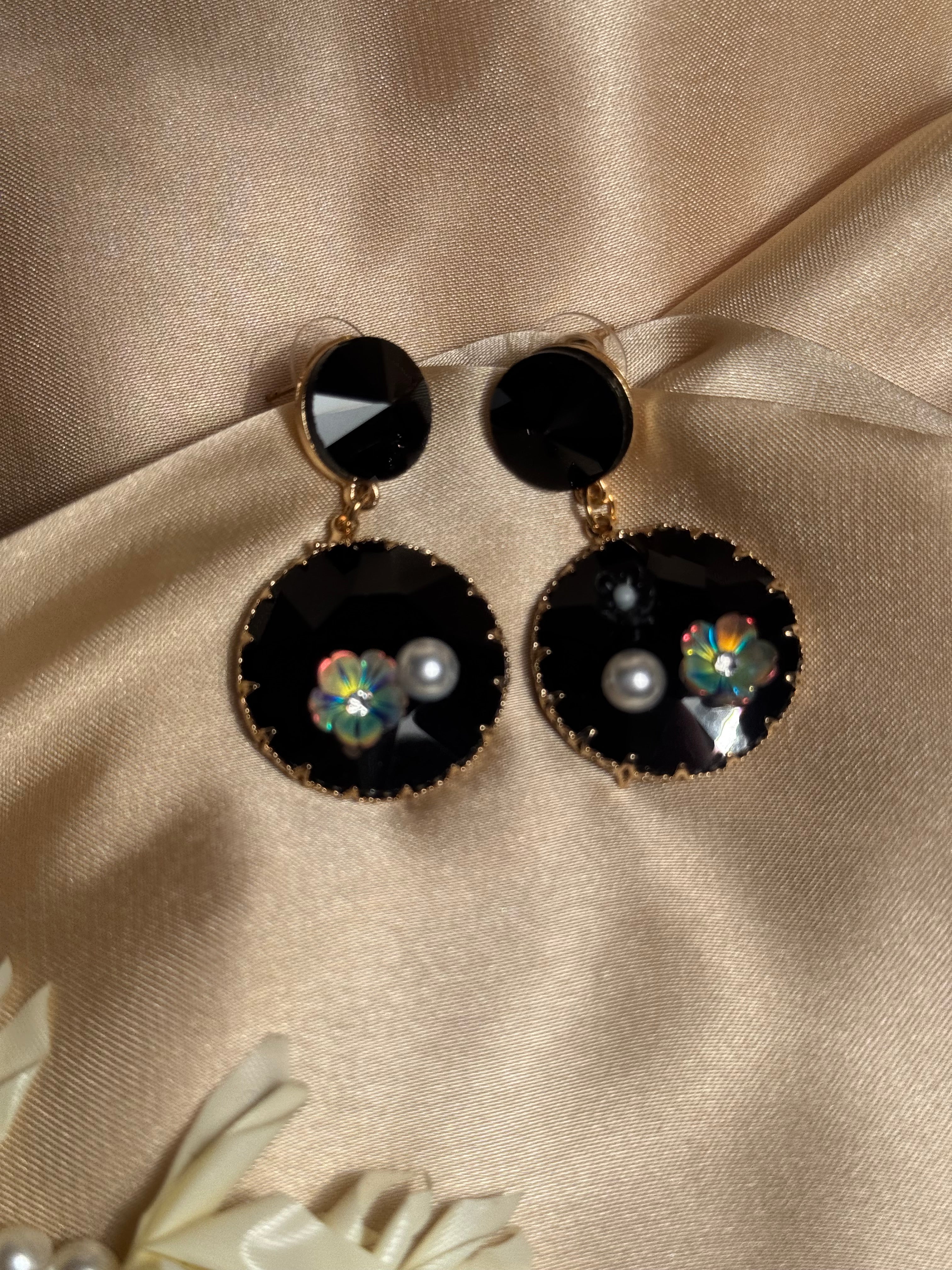 Enamel double round Earrings - black
