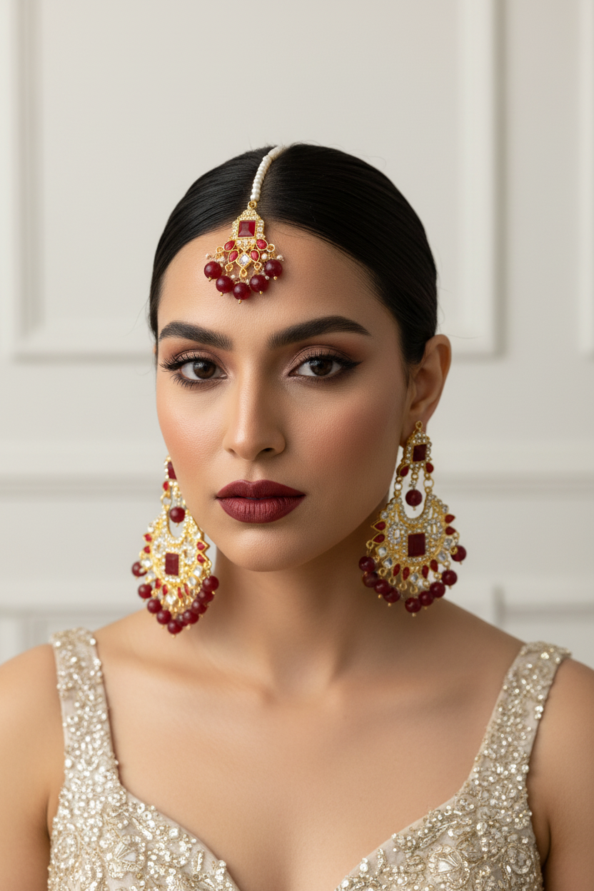Earring and bindiya set - maroon
