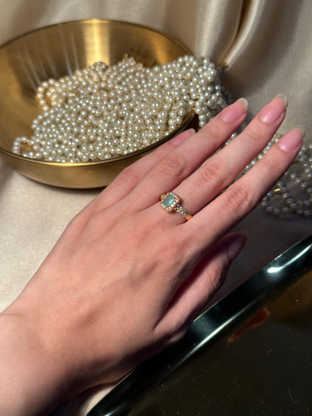 Rectangle Gem Stone Ring Gold - sage green