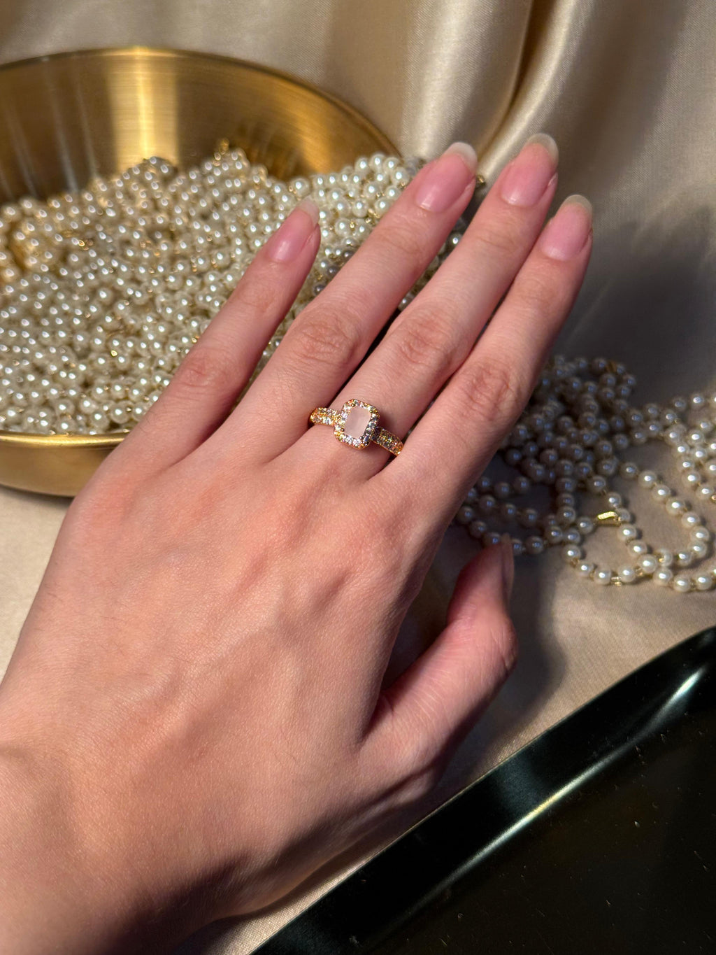 Rectangle Gem Stone Ring Gold - Pink