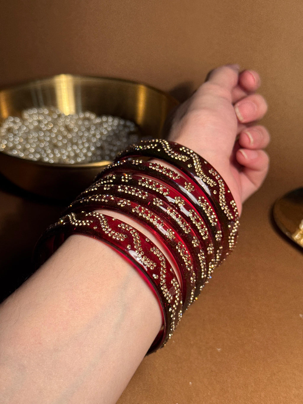 Beaded glass bangles with karra - Deep Red (Maroon)