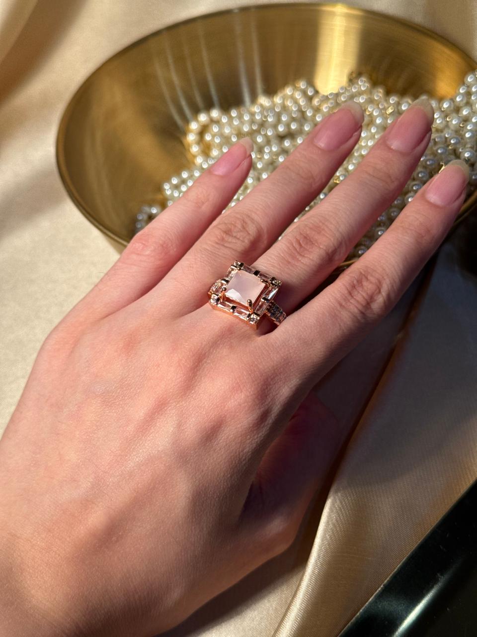 Square Bedazzled Ring Gold - Light Pink