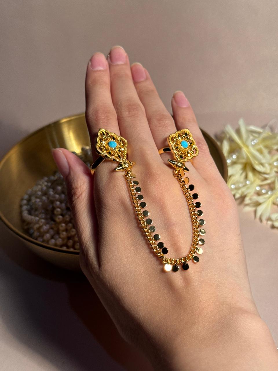 Mughal Sona Double Ring - Turquoise