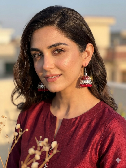 Maya Ali Silver Jhumki (Maroon)