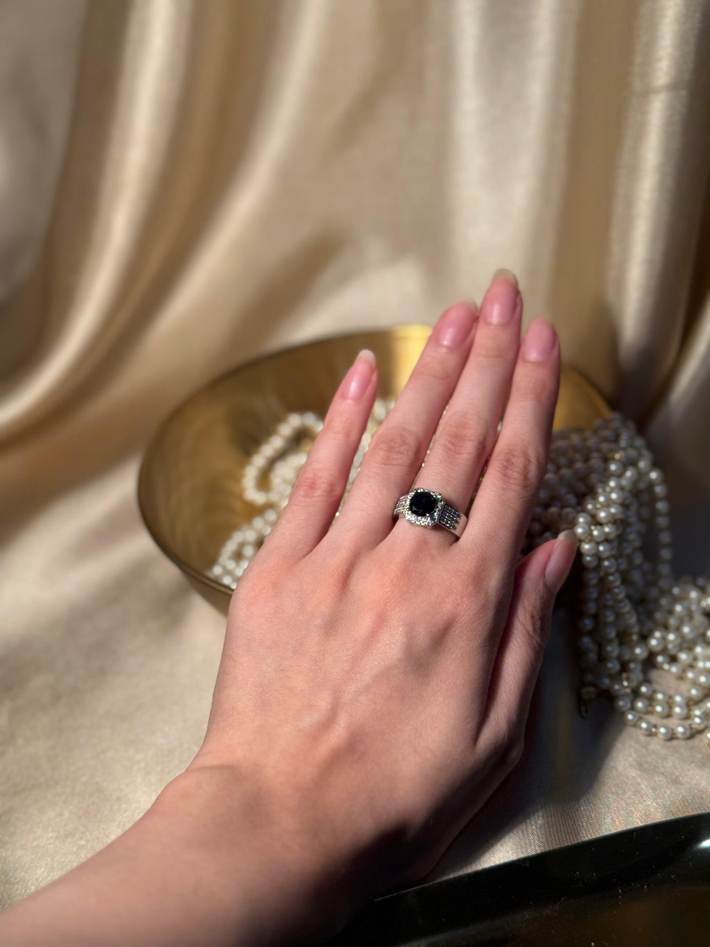 Square Gem Band Silver Ring - Black