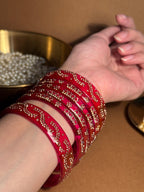 Beaded glass bangles with karra - Red