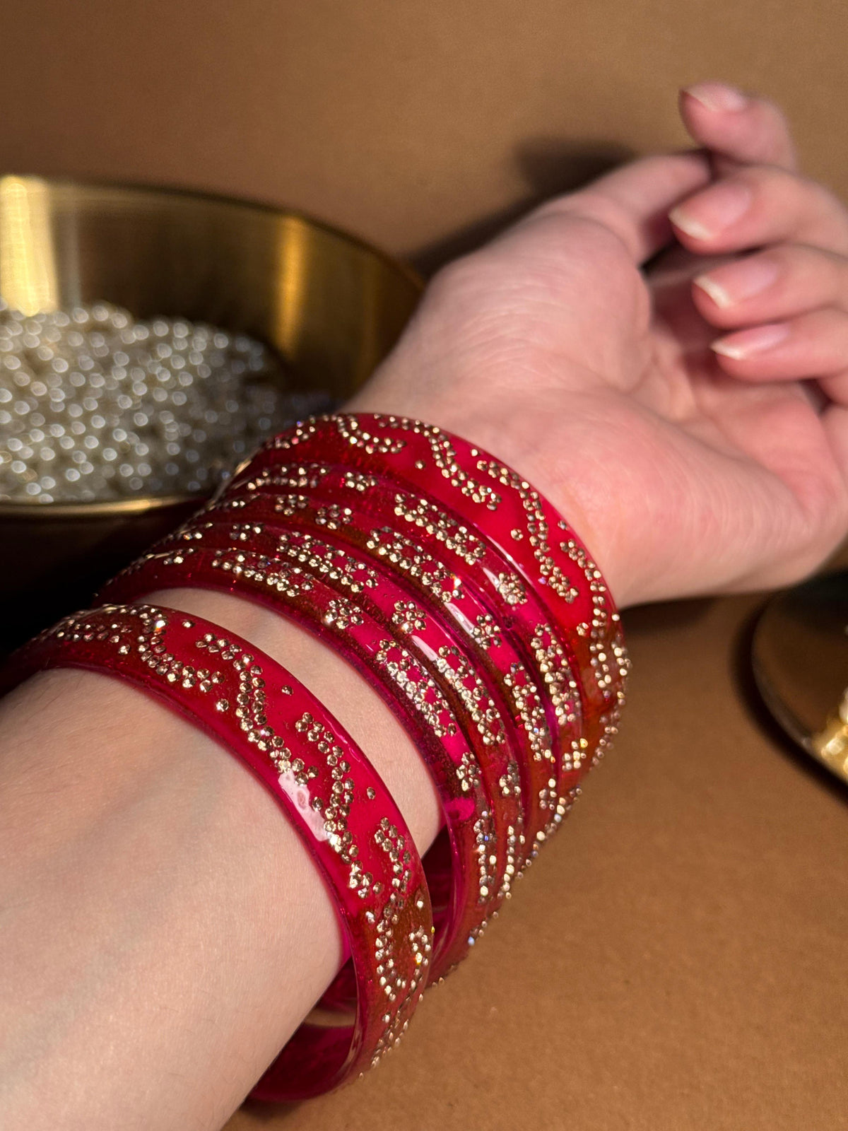 Beaded glass bangles with karra - Red