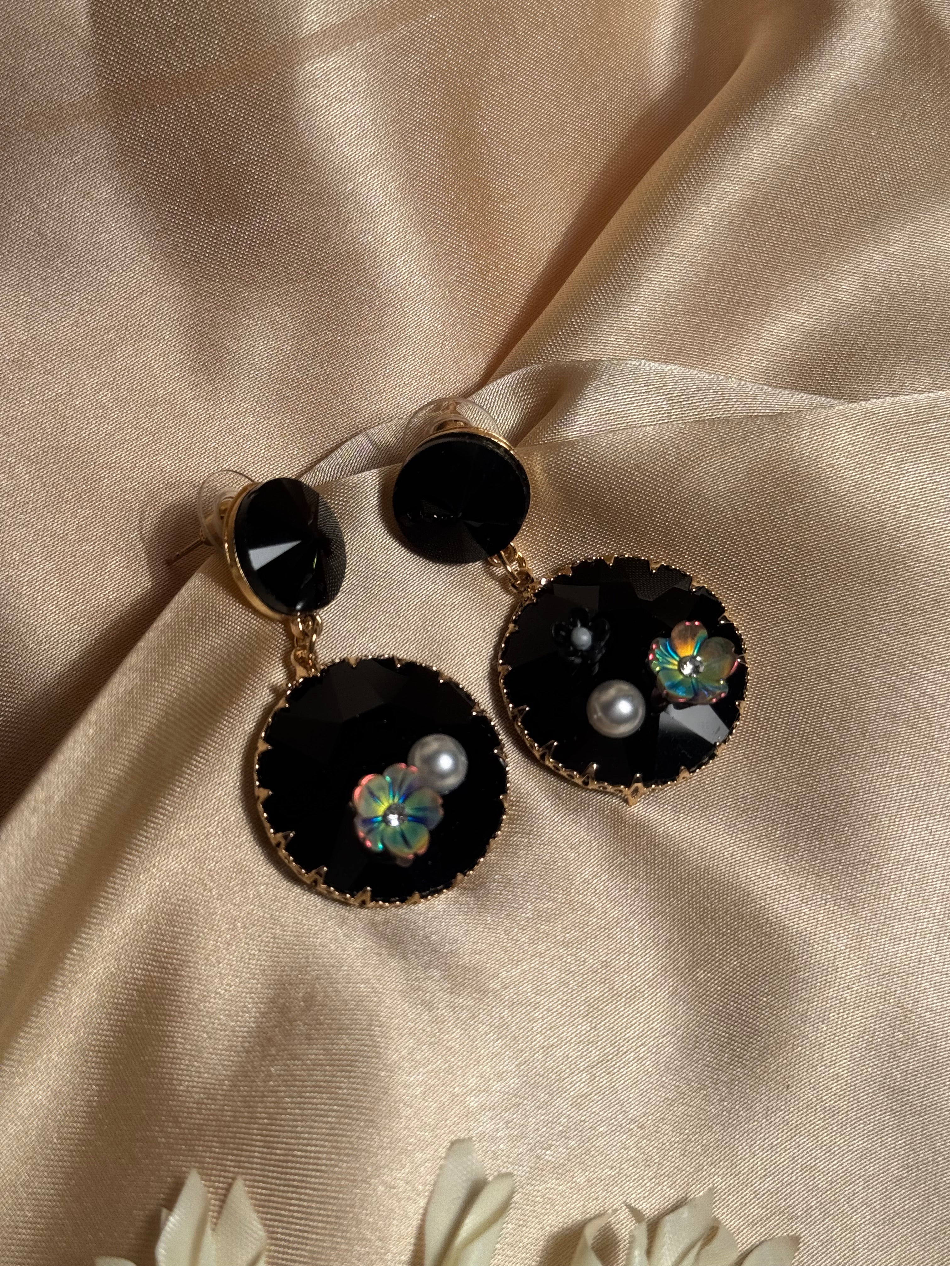 Enamel double round Earrings - black