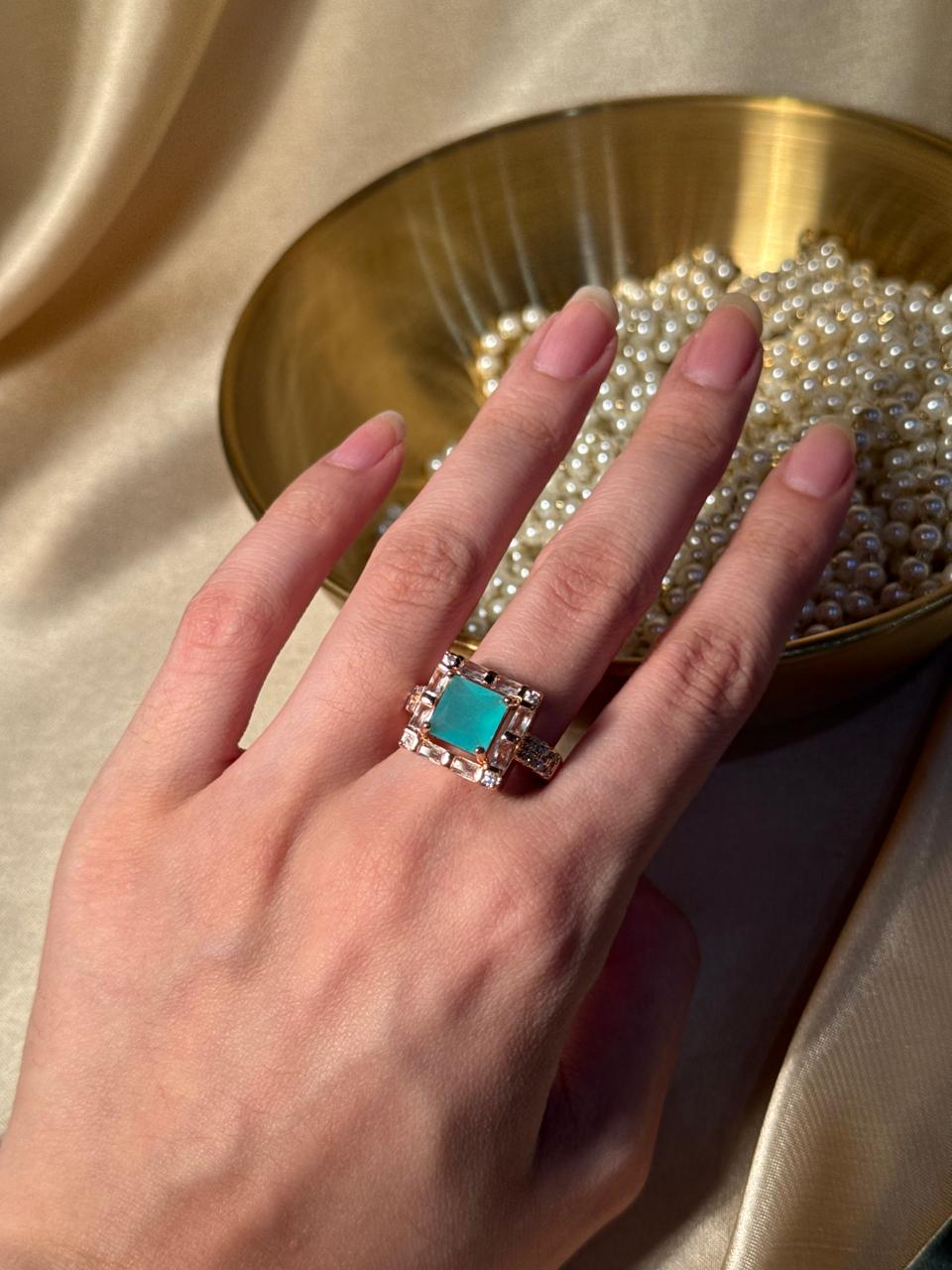 Square Bedazzled Ring Gold - Turquoise