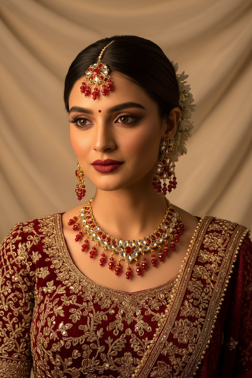 JA-2 Kundan jhoomar Set - Red