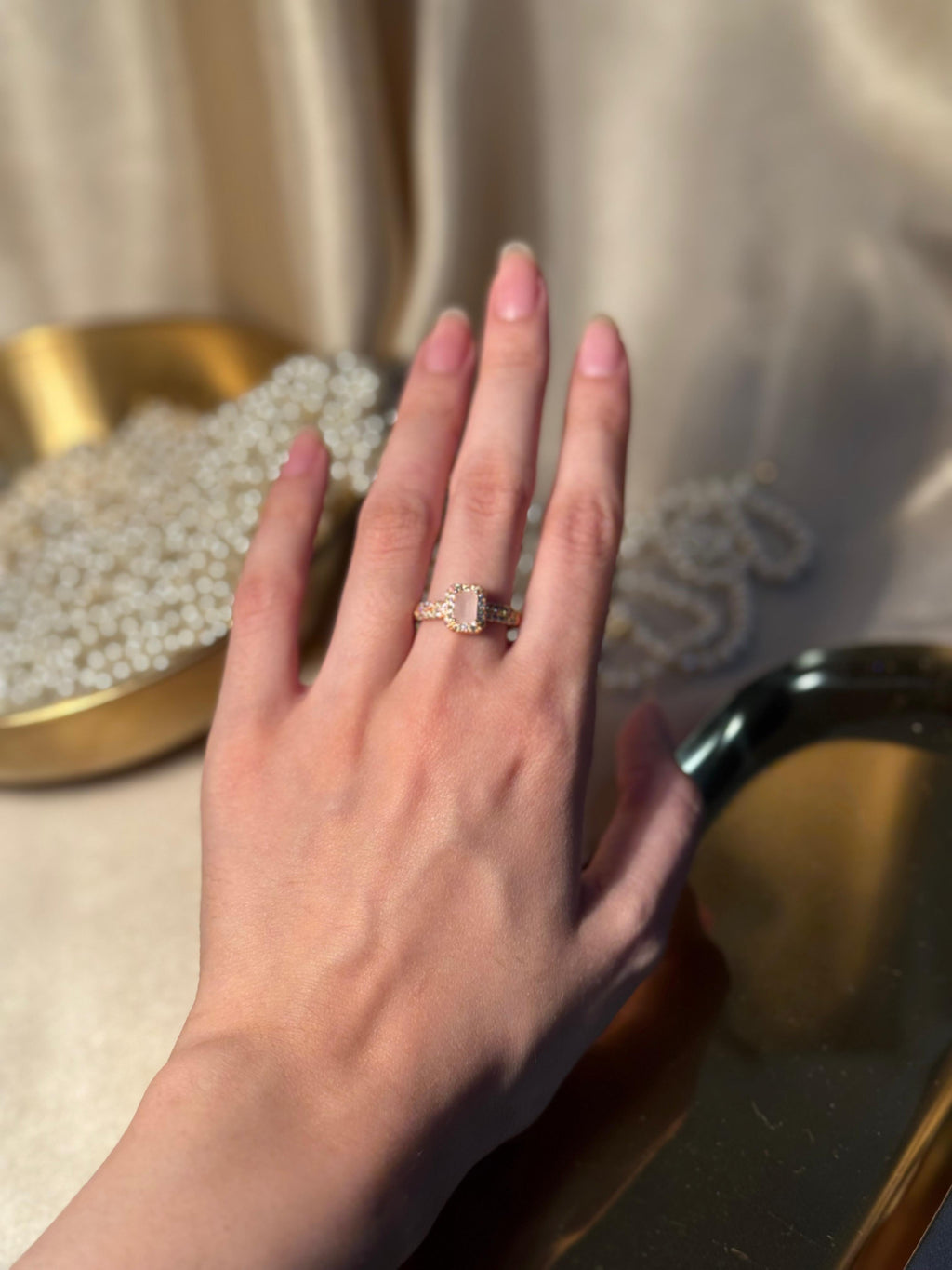 Rectangle Gem Stone Ring Gold - Pink