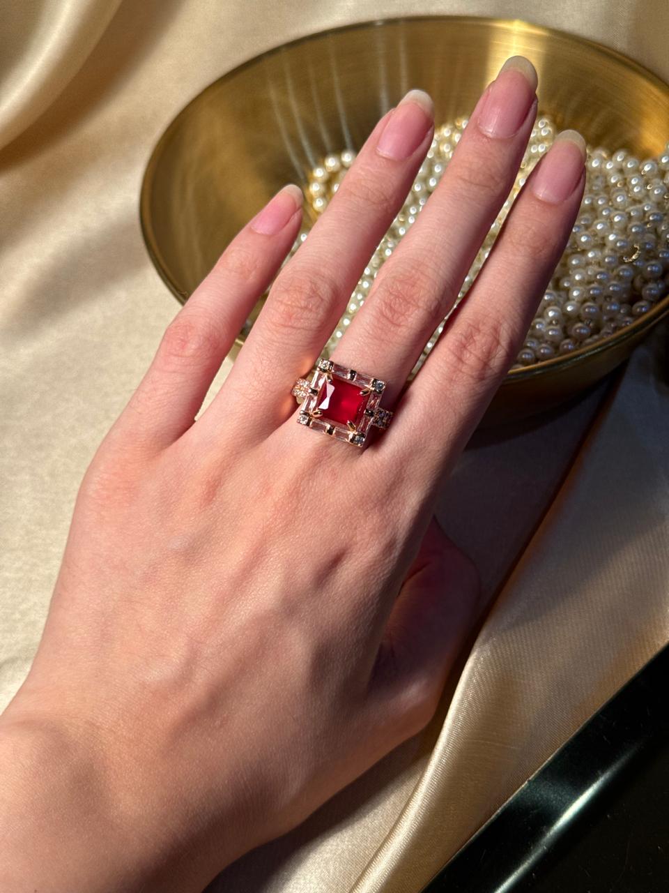 Square Bedazzled Ring Gold - Red