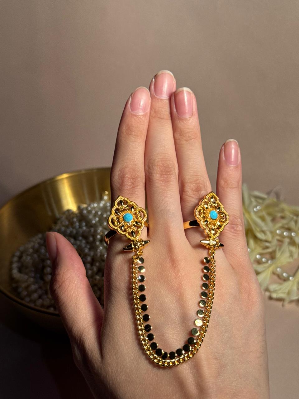 Mughal Sona Double Ring - Turquoise