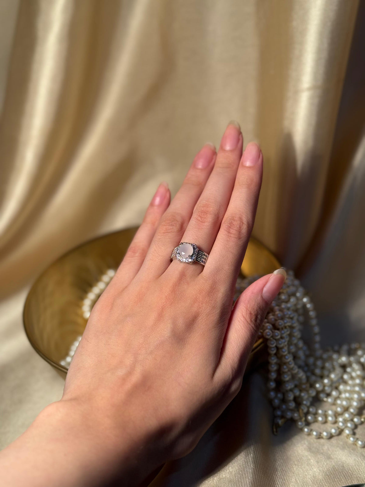 Square Gem Band Silver Ring - Pink