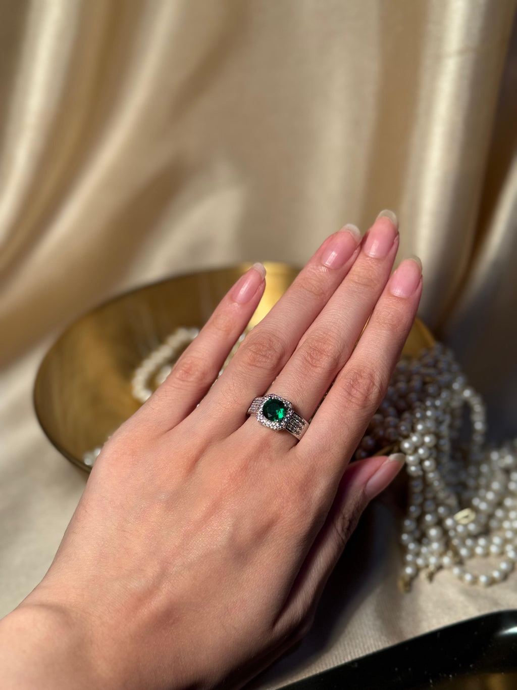 Square Gem Band Silver Ring - Dark Green