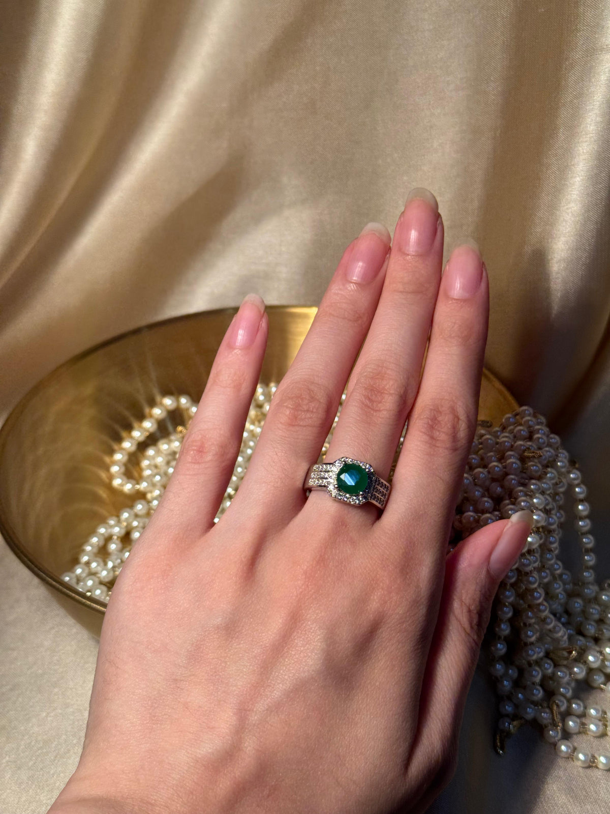 Square Gem Band Silver Ring - Green