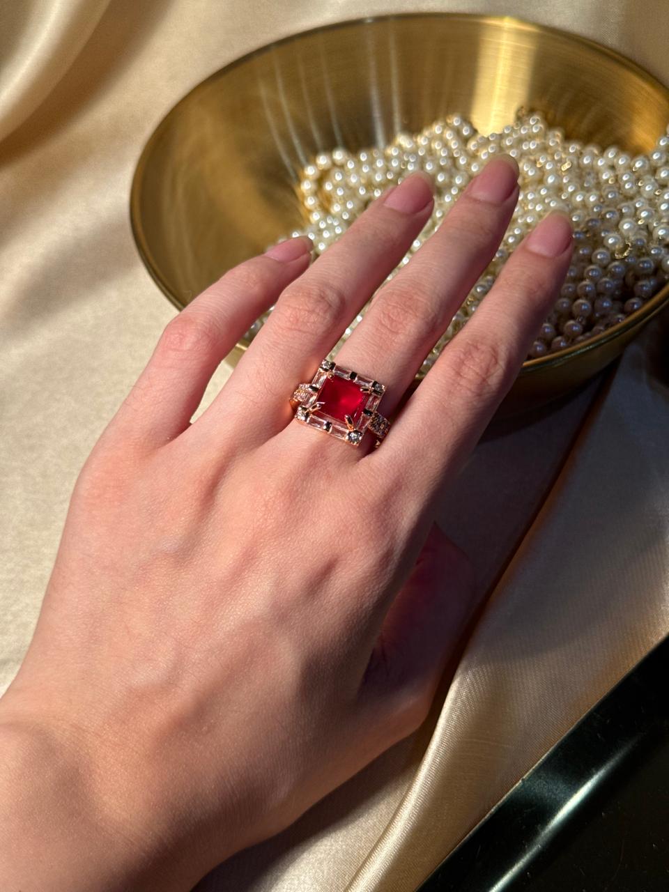Square Bedazzled Ring Gold - Red