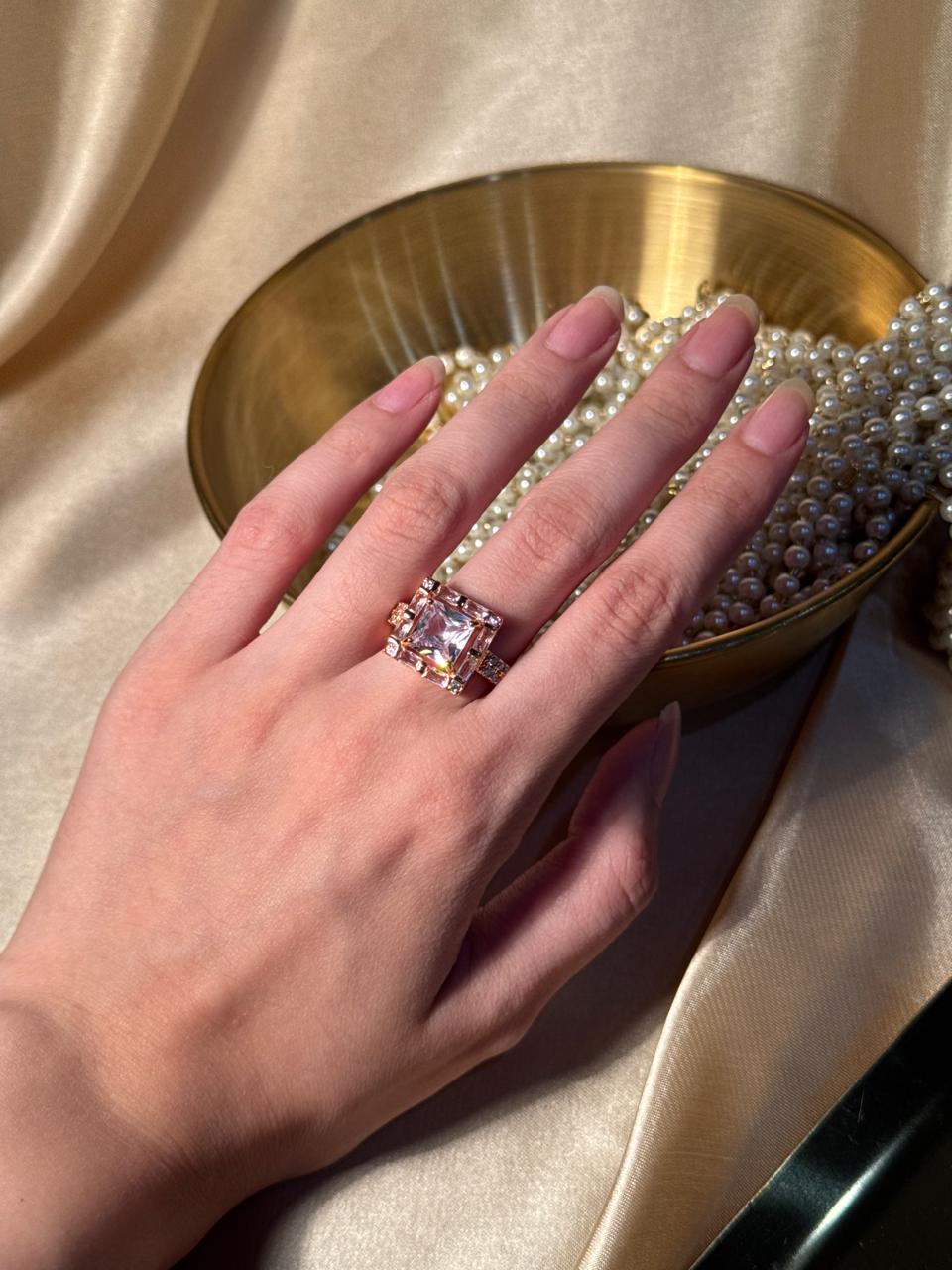 Square Bedazzled Ring Gold - White