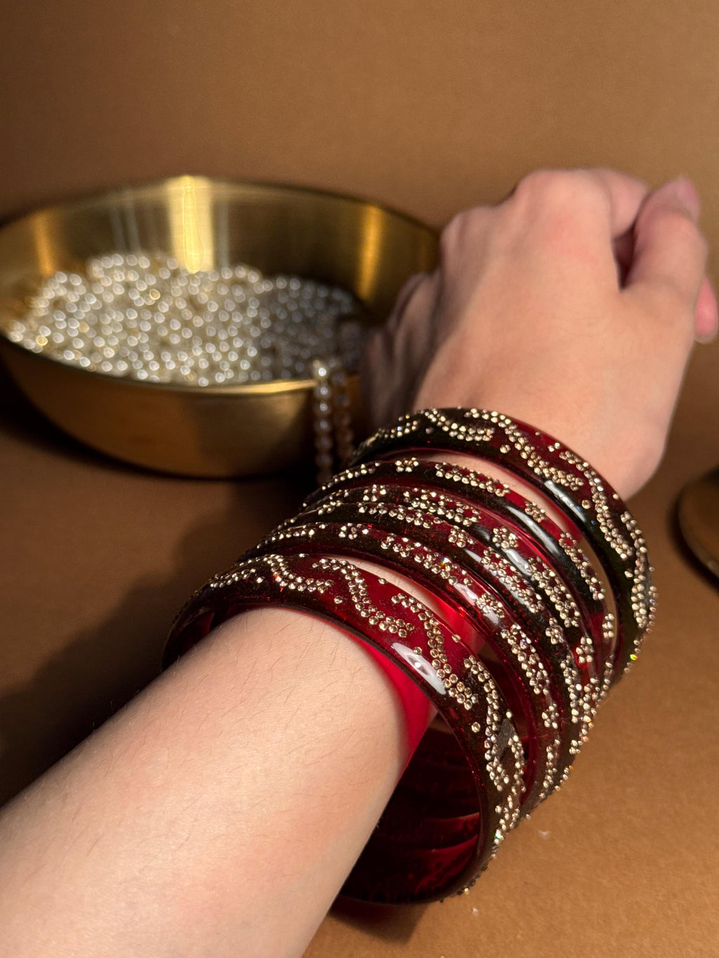 Beaded glass bangles with karra - Deep Red (Maroon)