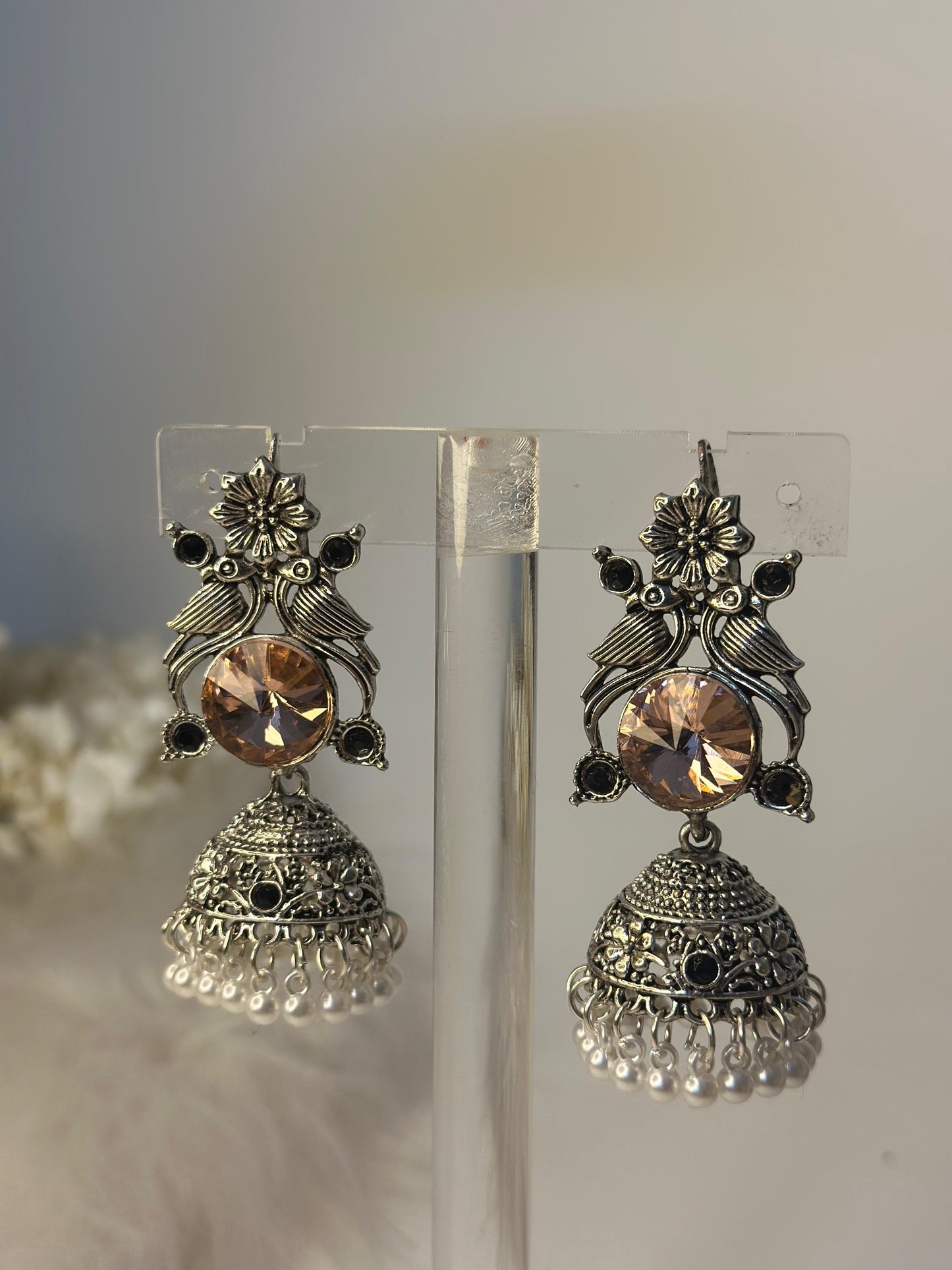 kashmiriEarrings - peach and Silver