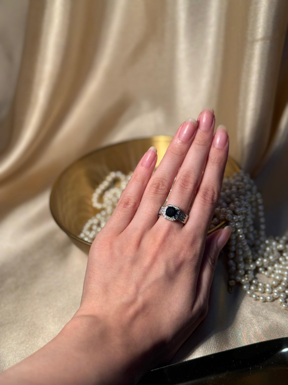 Square Gem Band Silver Ring - Black