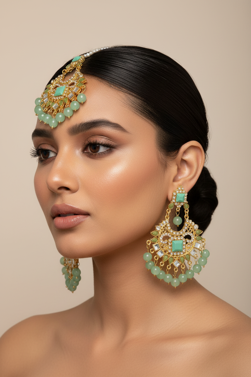 Earring and bindiya set - sea green