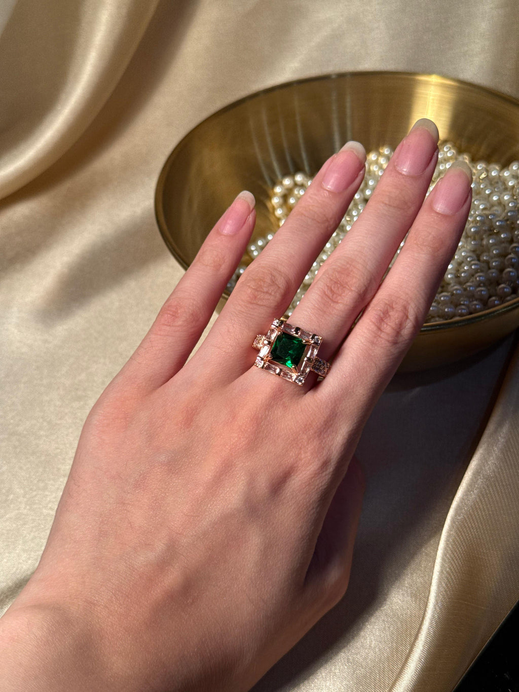 Square Bedazzled Ring Gold - Green