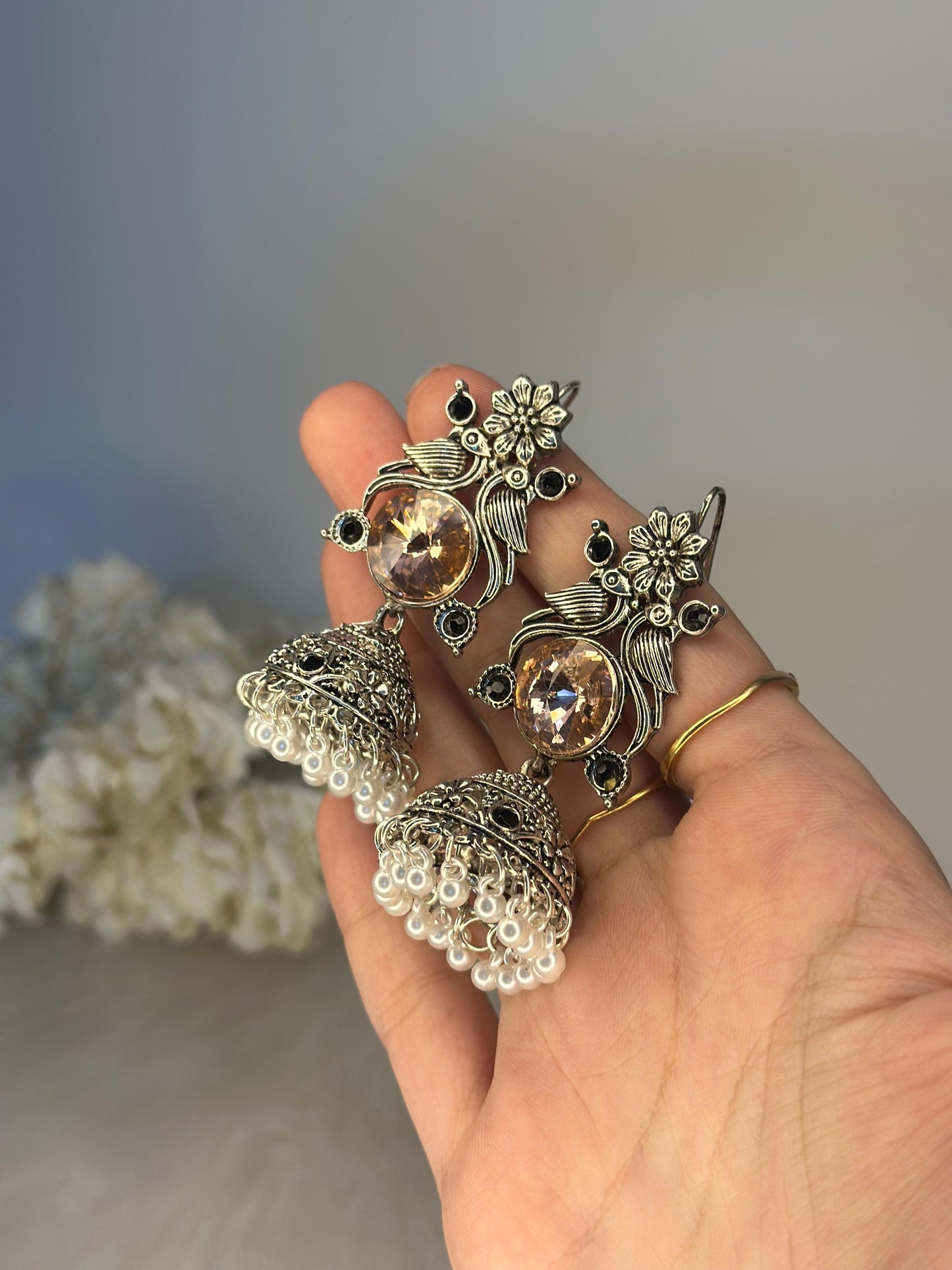 kashmiriEarrings - peach and Silver