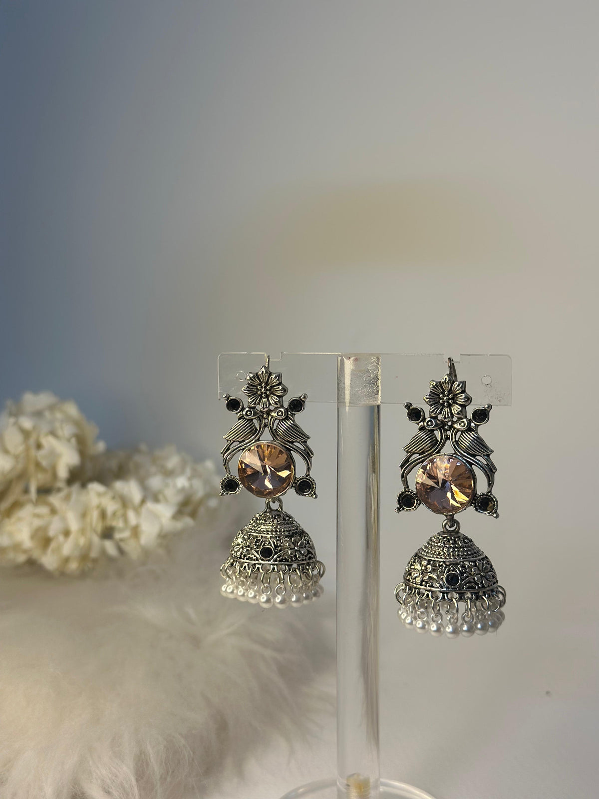 kashmiriEarrings - peach and Silver