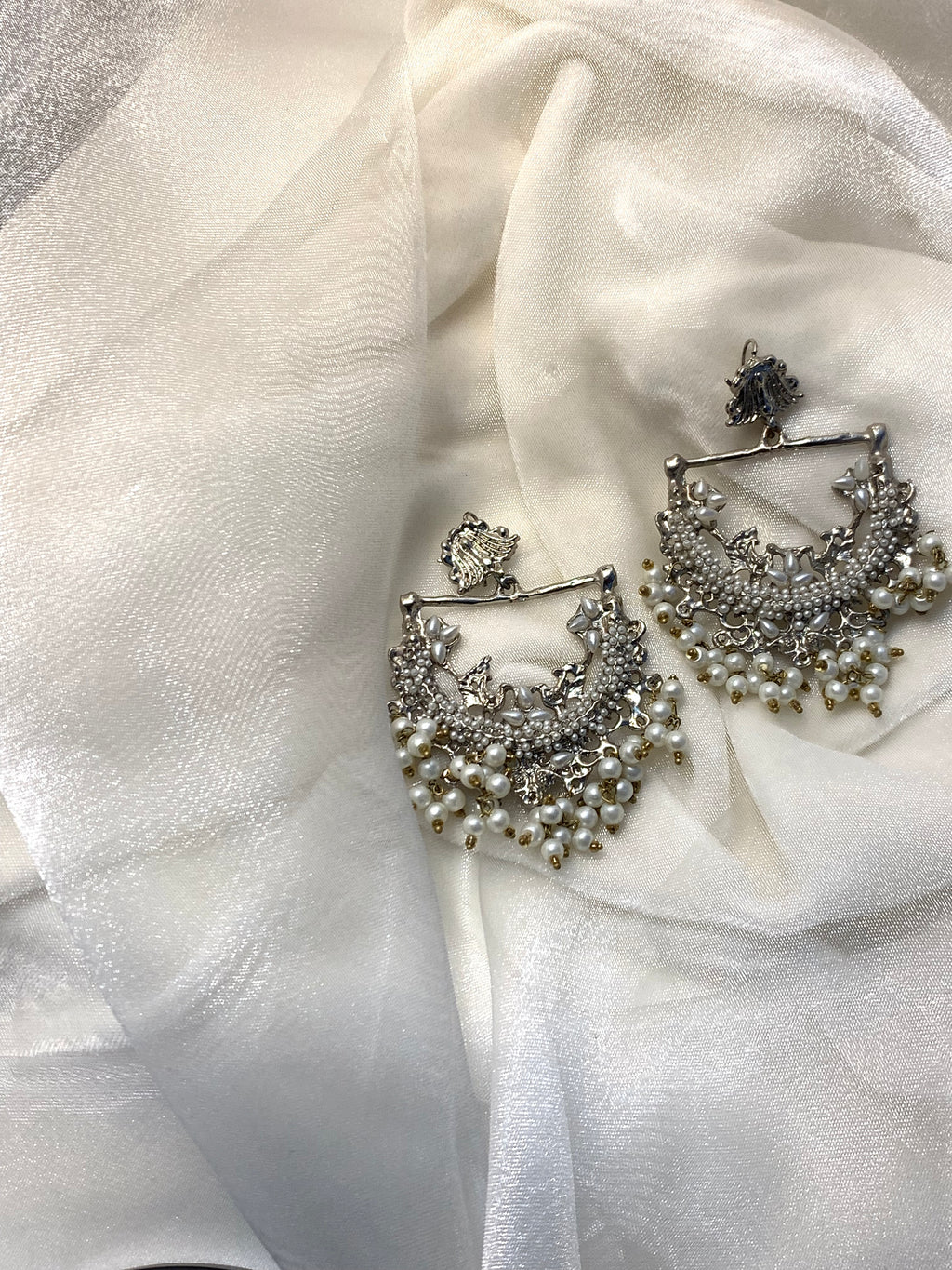 Peacock Earrings - Silver and white