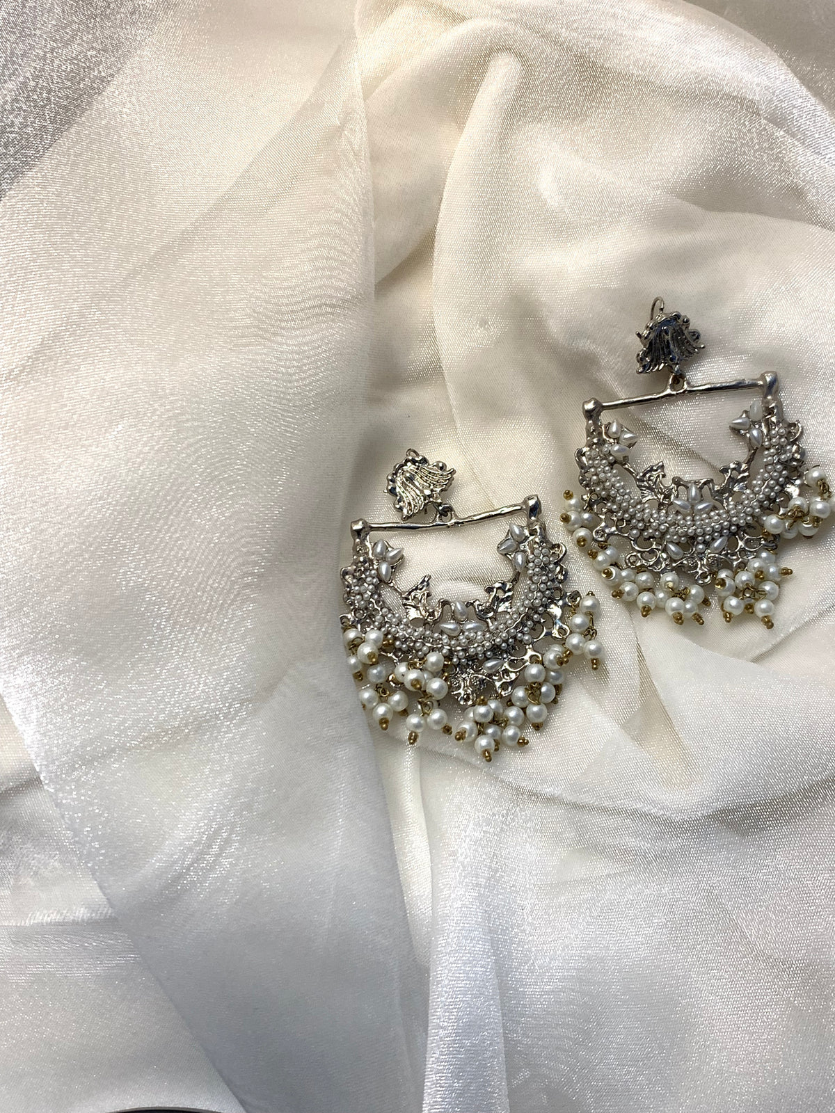 Peacock Earrings - Silver and white
