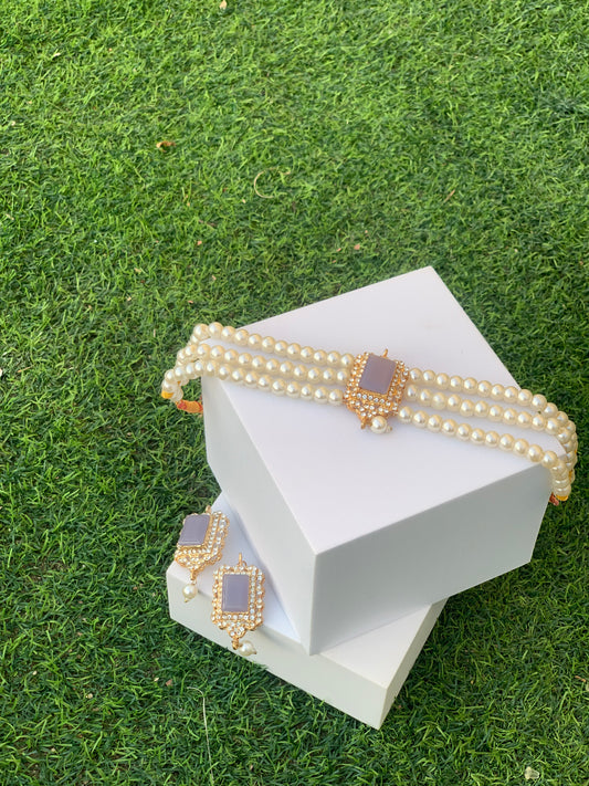 Moti Choker with earrings - Muted Purple (Lavender tone)