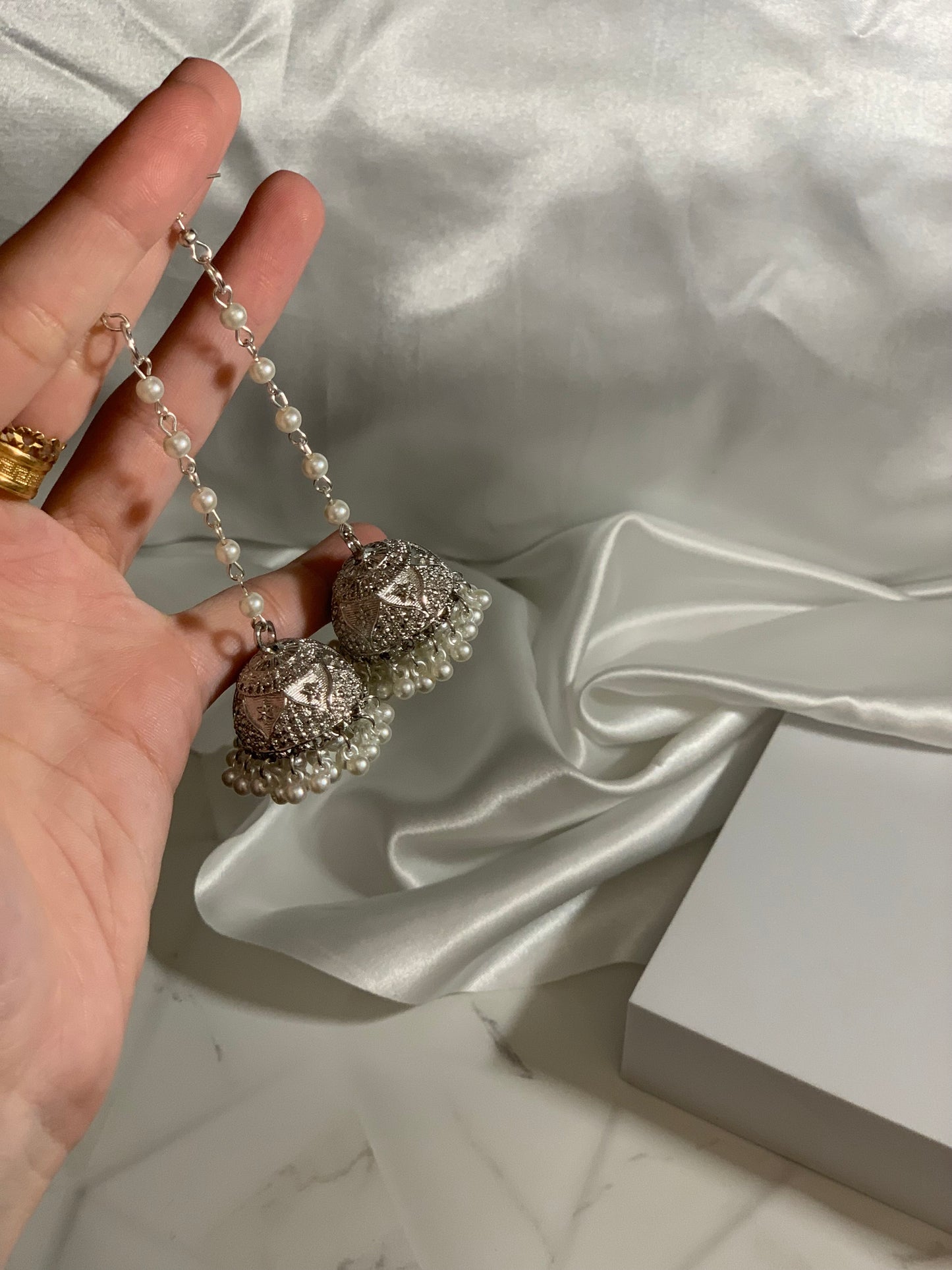 Shehnoor moti lari Jhumki - Silver