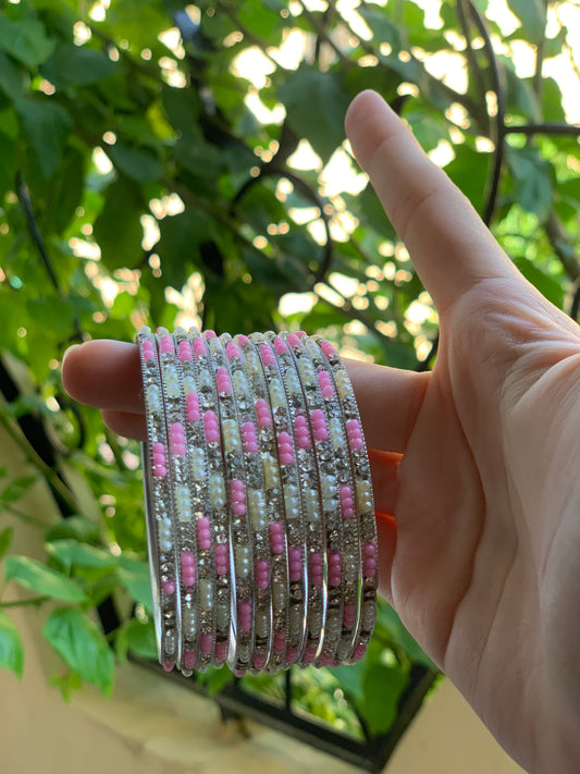 neha bangles silver white and pink