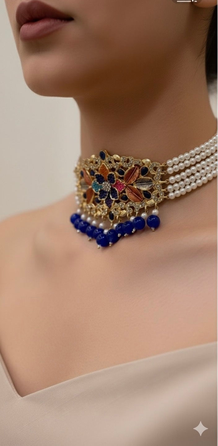 Husn-e-moti choker set Blue