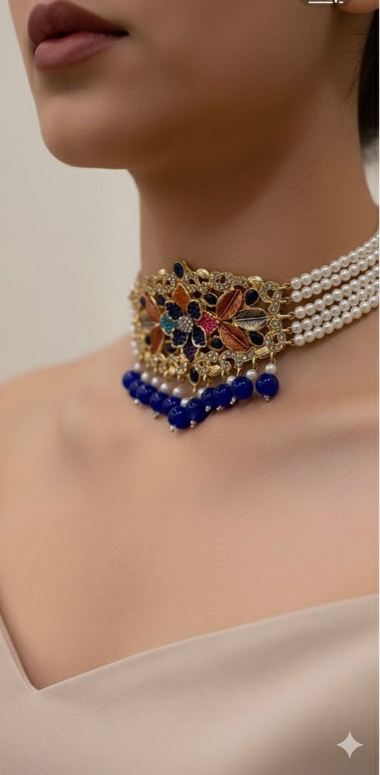 Husn-e-moti choker set Blue