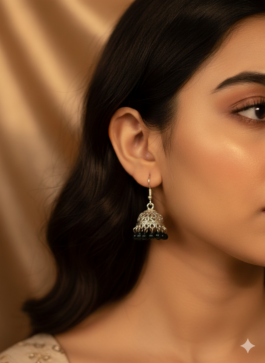 Tania Silver Jhumki (Black beads)