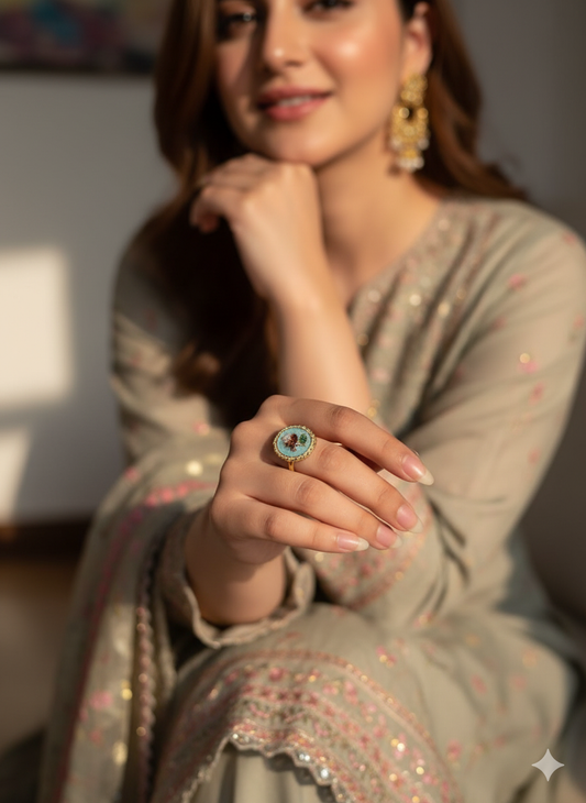 Enamel pearl ring (oval bead-turquoise)