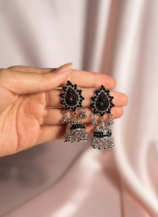 Sarah Jhumki-silver and black-(Noor-Bano-Collection)